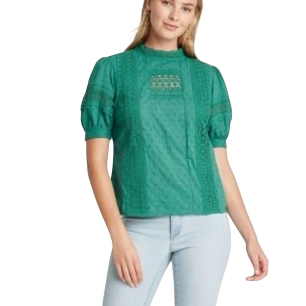 NWT Universal Thread Womens Peasant Blouse Size XS Green Lightweight Crochet.